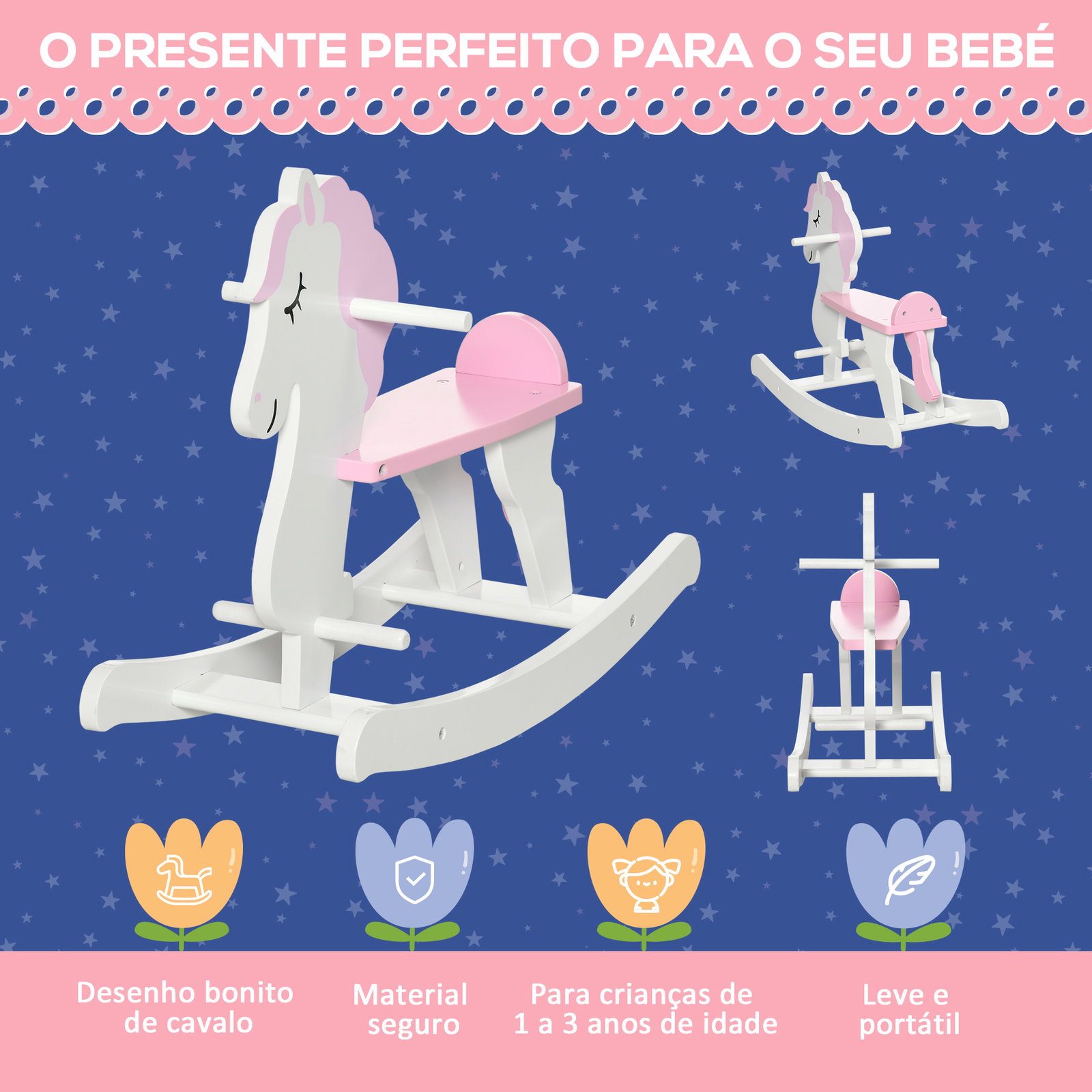 Cavalo baloiço para crianças de 1-3 anos cavalo baloiço de madeira com guiador e apoio para os pés 68x27x46,5cm branco e rosa