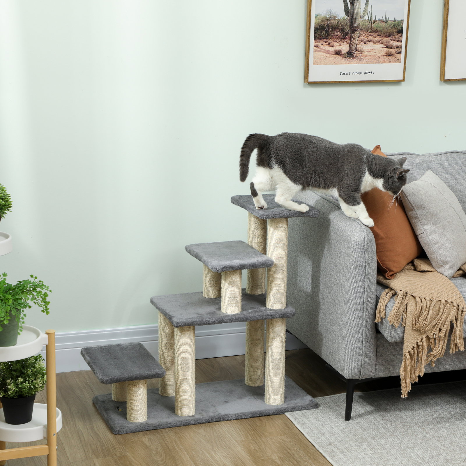 Escada para animais ajustável de 3 ou 4 degraus com postes arranhadores e bola suspensa 70x32x68 cm cinzento