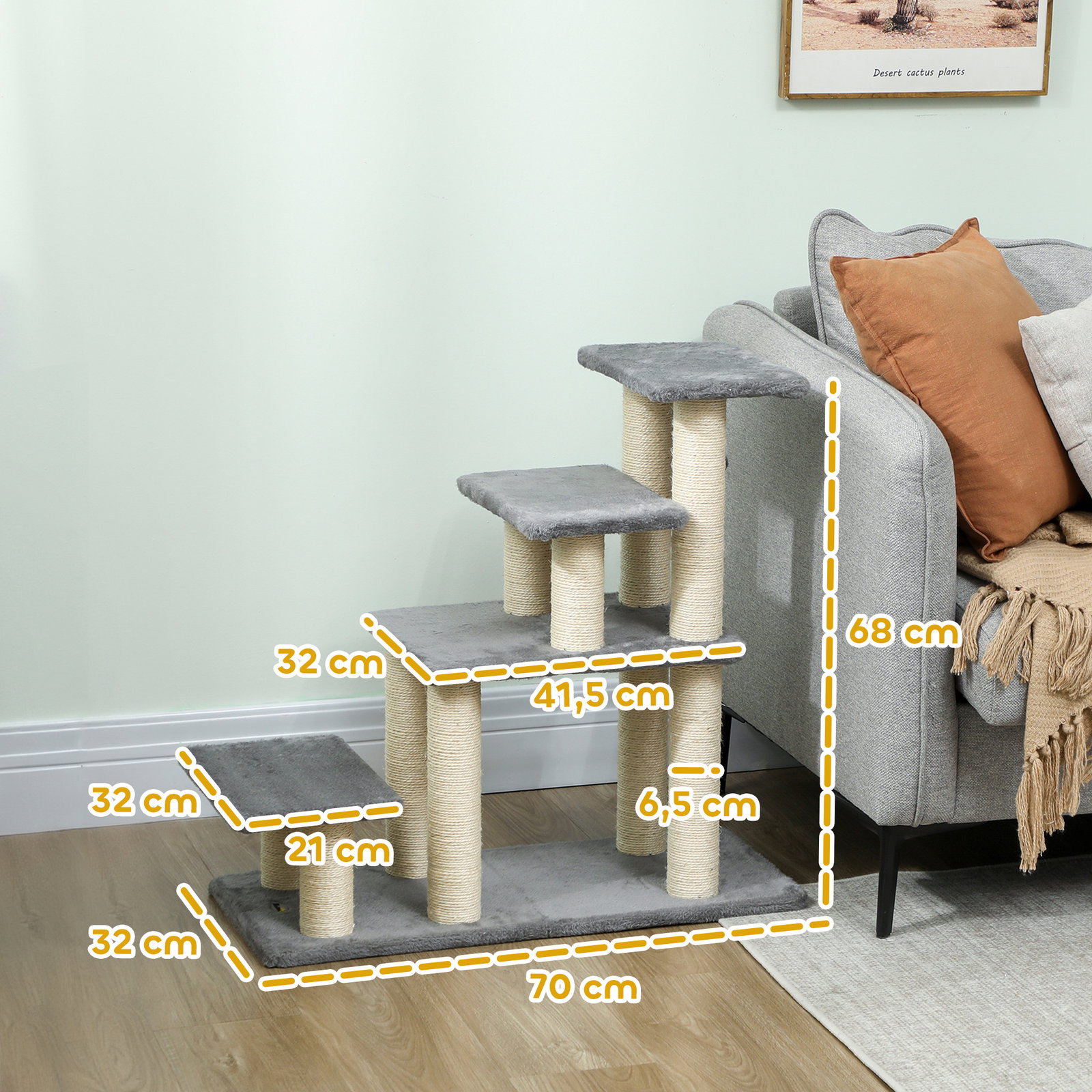 Escada para animais ajustável de 3 ou 4 degraus com postes arranhadores e bola suspensa 70x32x68 cm cinzento