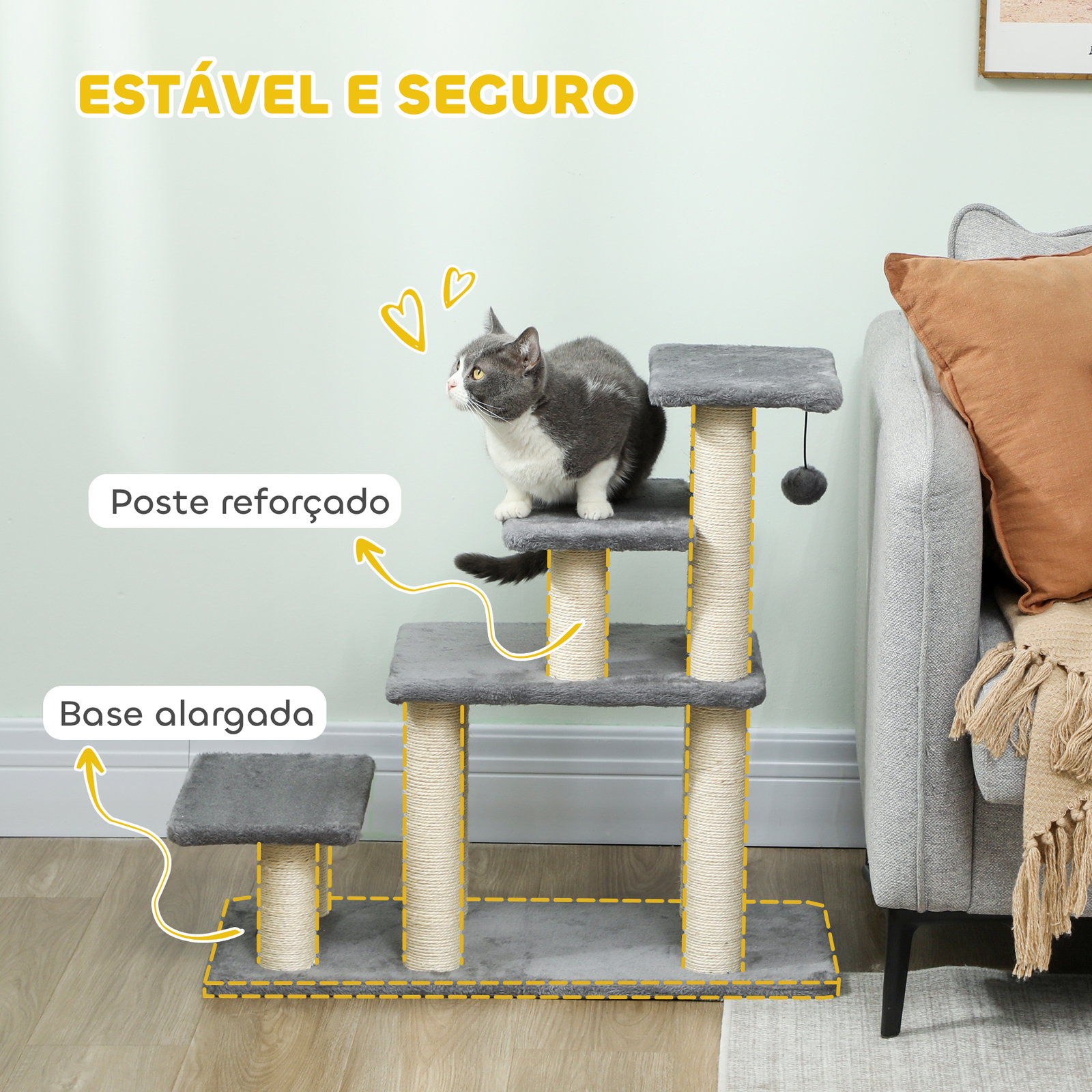 Escada para animais ajustável de 3 ou 4 degraus com postes arranhadores e bola suspensa 70x32x68 cm cinzento