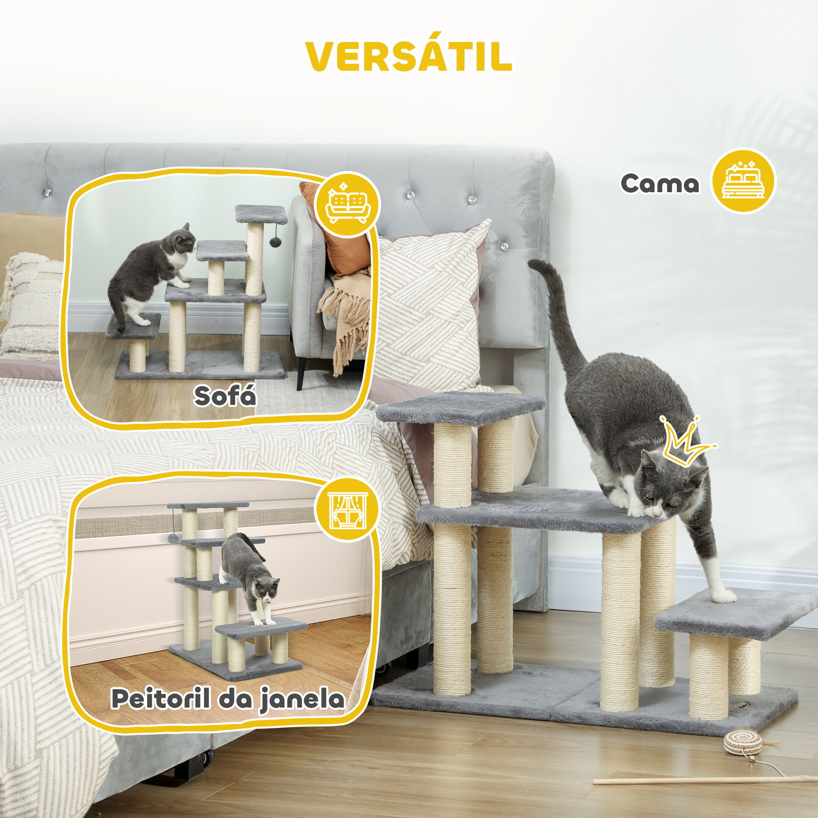 Escada para animais ajustável de 3 ou 4 degraus com postes arranhadores e bola suspensa 70x32x68 cm cinzento