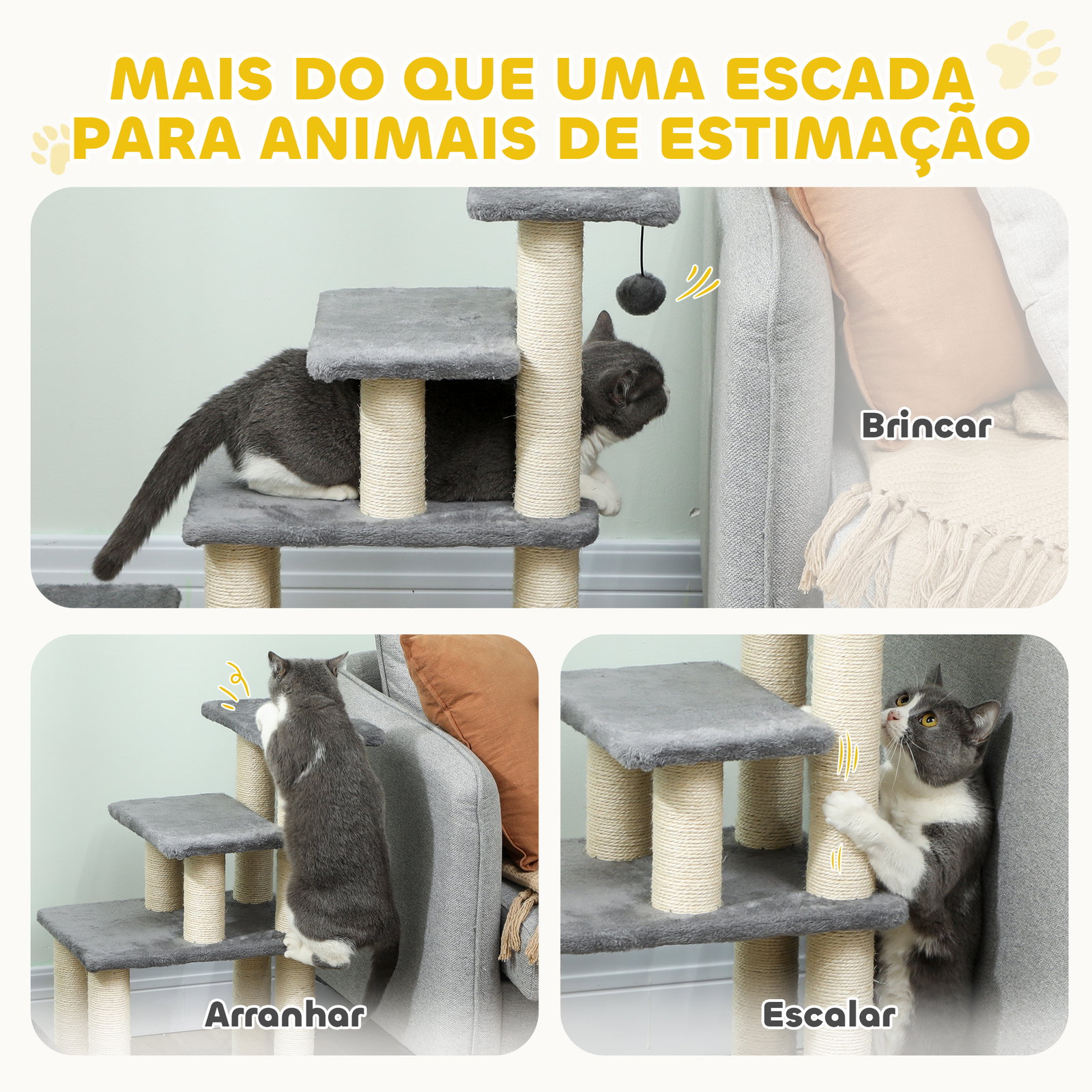 Escada para animais ajustável de 3 ou 4 degraus com postes arranhadores e bola suspensa 70x32x68 cm cinzento