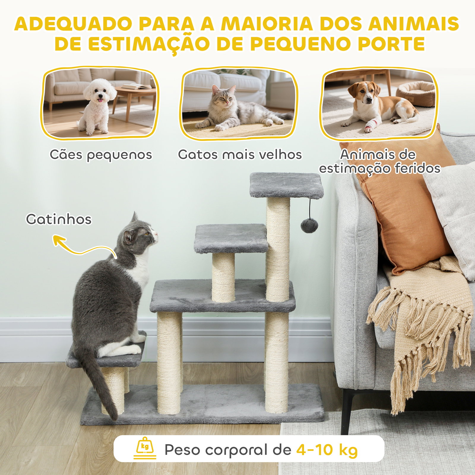 Escada para animais ajustável de 3 ou 4 degraus com postes arranhadores e bola suspensa 70x32x68 cm cinzento