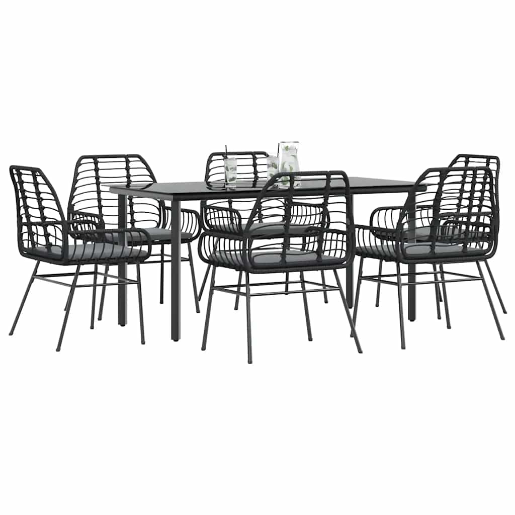 Conjunto de jantar jardim 7 peças almofadas vidro vime PE preto
