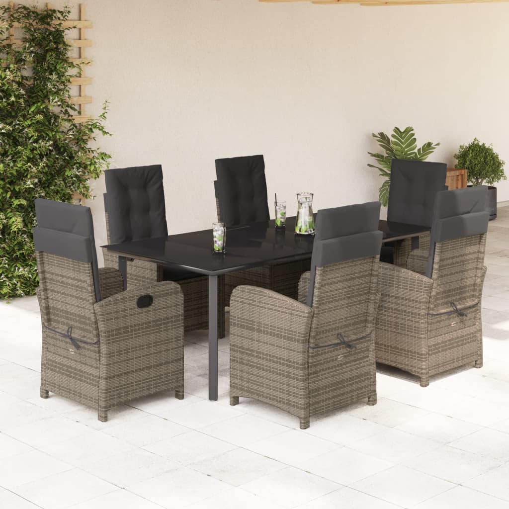7 Pcs conjunto de jantar p/ jardim c/ almofadões vime PE cinza