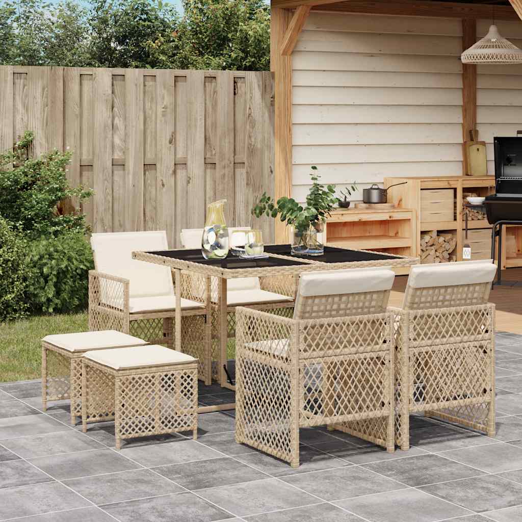 9 Pcs conjunto de jantar p/ jardim com almofadões vime PE bege