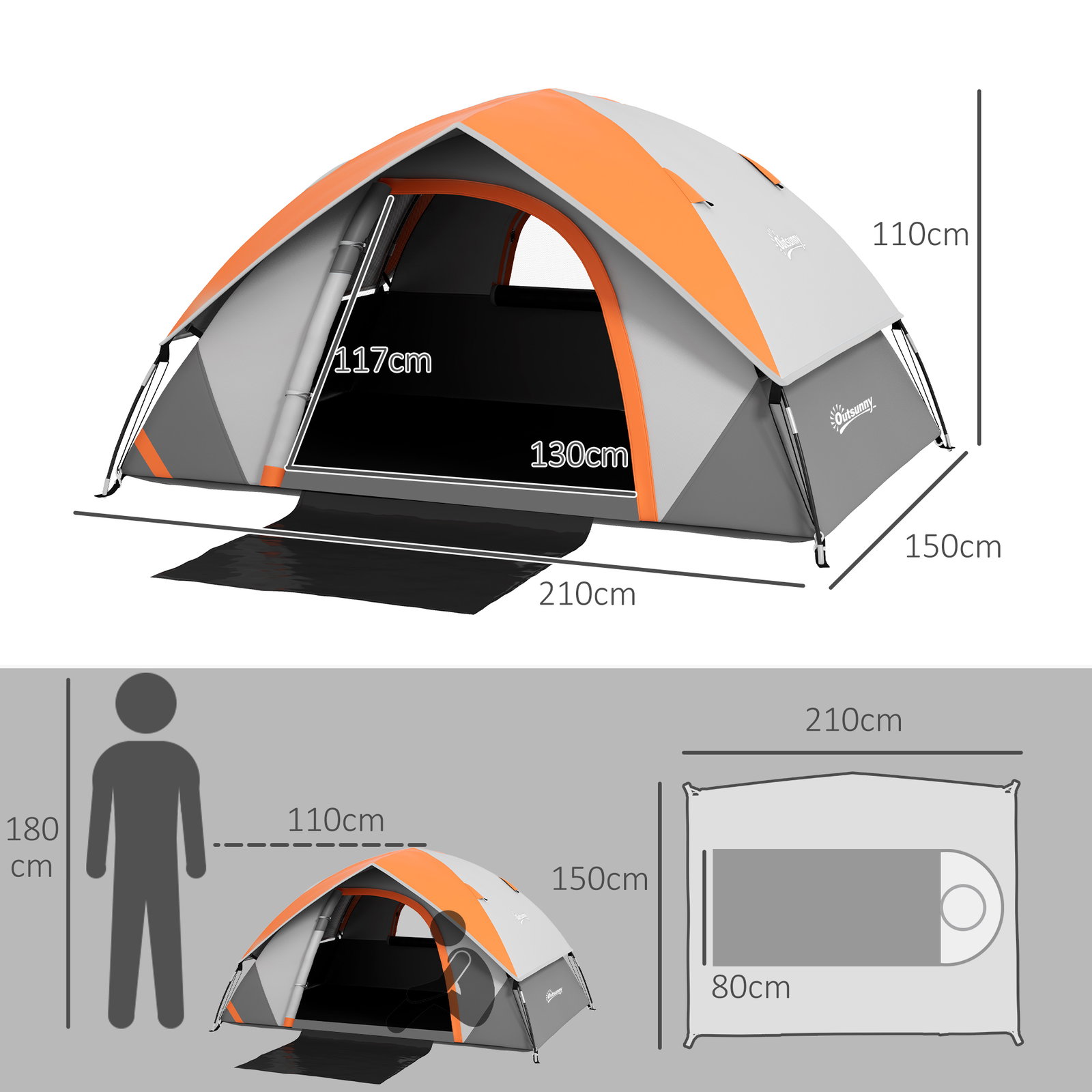 Tenda de campismo dobrável para 1-2 pessoas com janela e bolsa de transporte impermeável 3000 mm 210x110x150 cm laranja