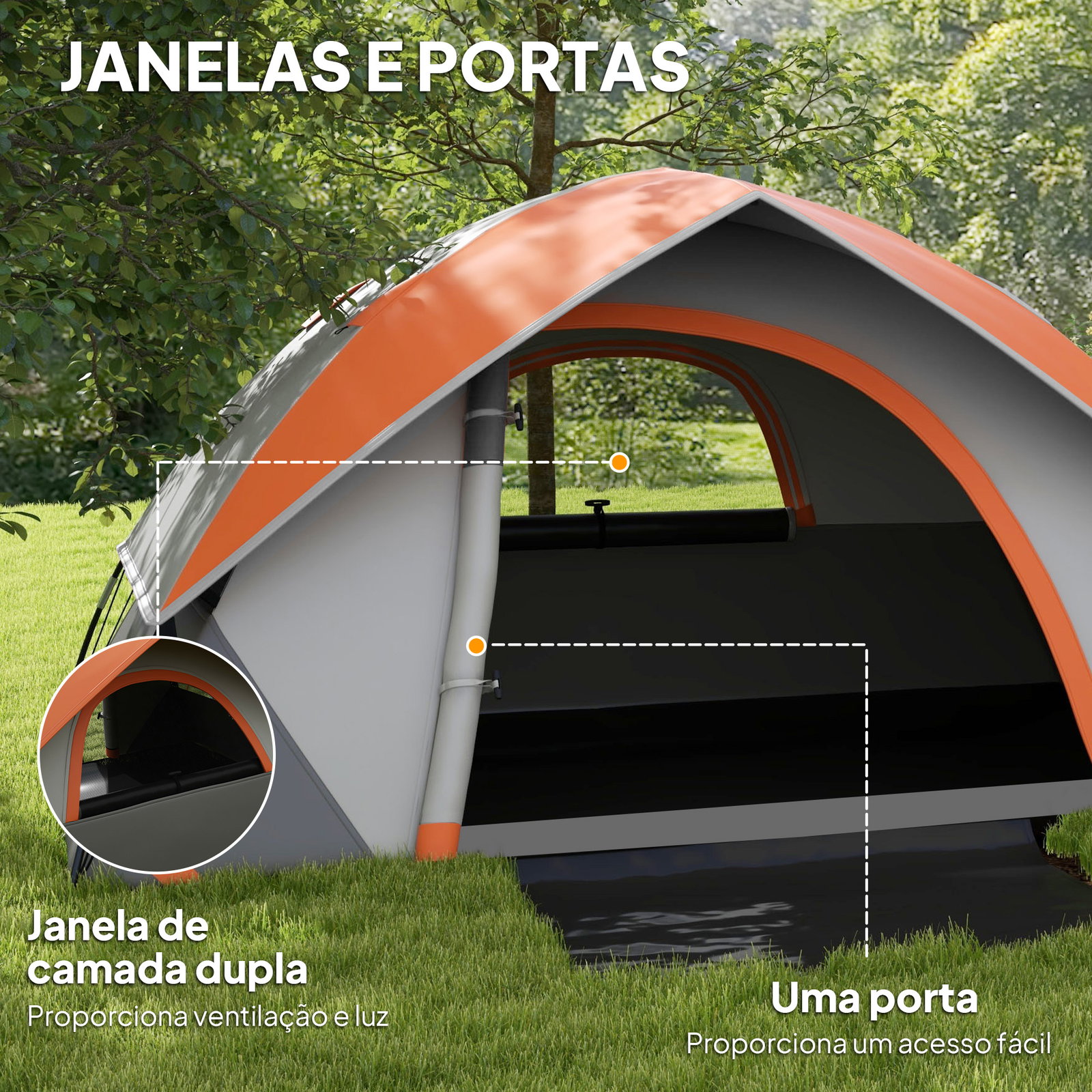 Tenda de campismo dobrável para 1-2 pessoas com janela e bolsa de transporte impermeável 3000 mm 210x110x150 cm laranja