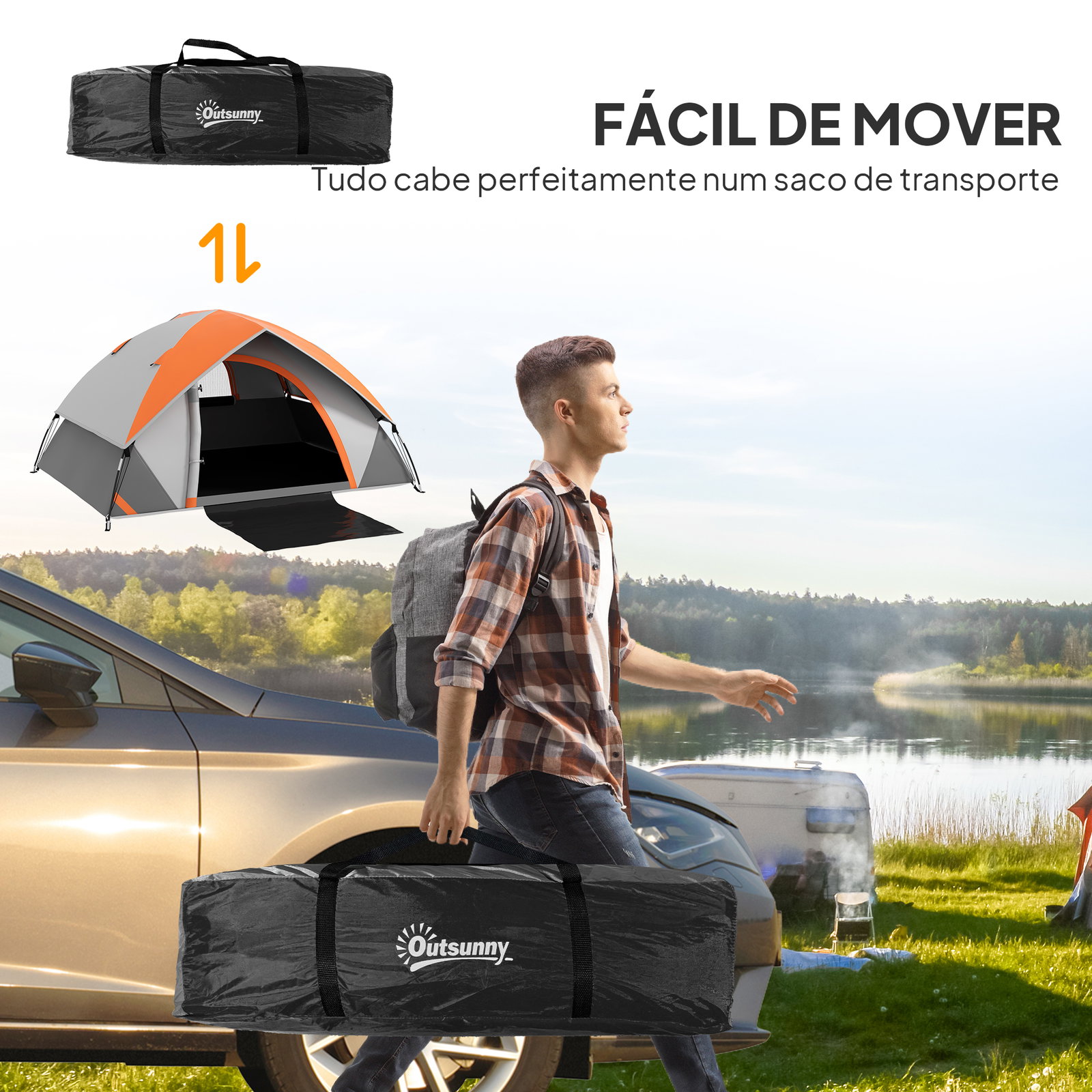 Tenda de campismo dobrável para 1-2 pessoas com janela e bolsa de transporte impermeável 3000 mm 210x110x150 cm laranja