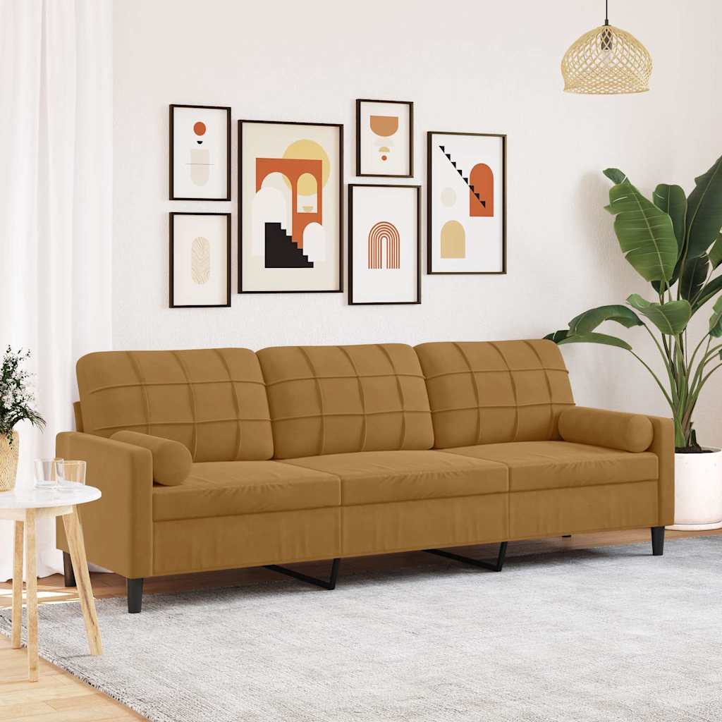 Sofá 3 lugares c/ almofadas decorativas 210 cm veludo castanho