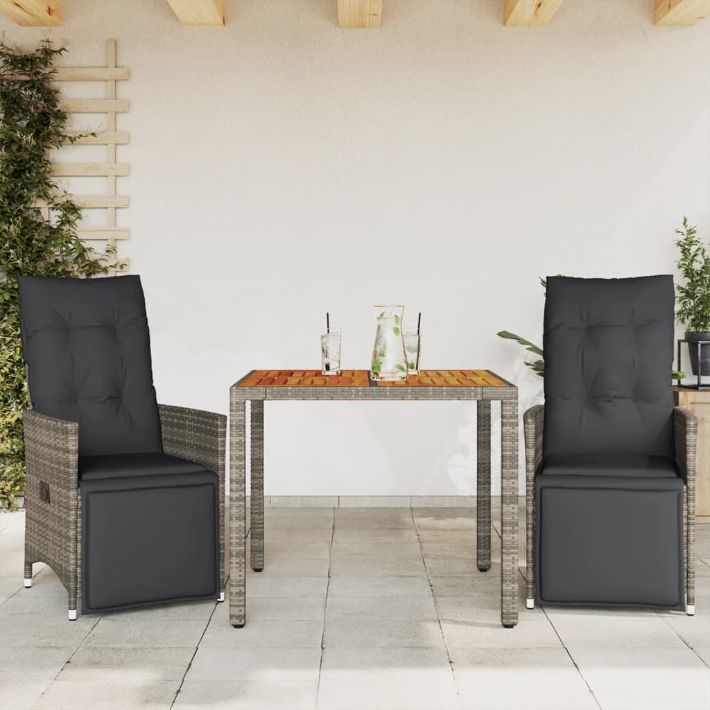 3 Pcs conjunto bistrô de jardim c/ almofadões vime PE cinza
