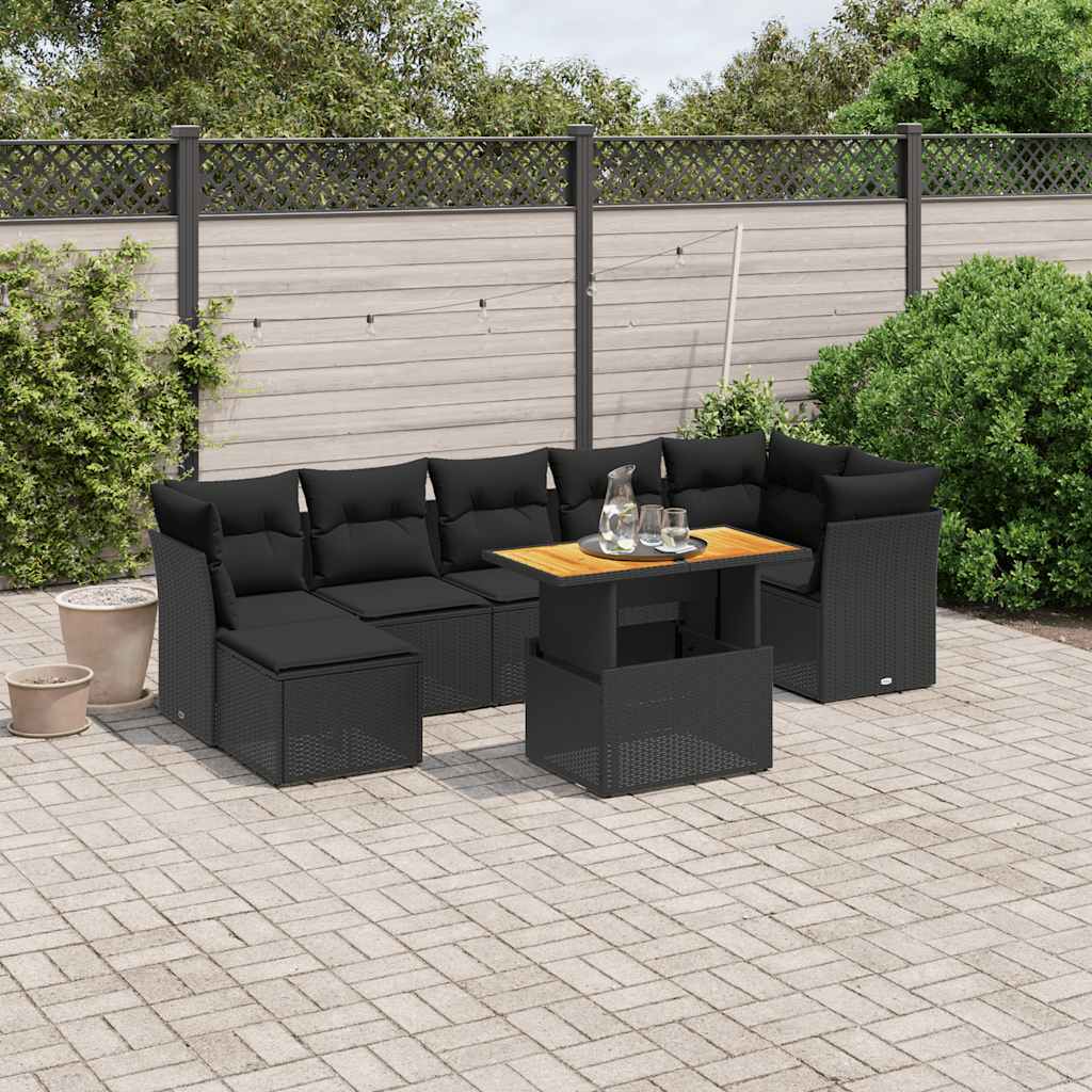 8 Pcs conjunto sofás de jardim com almofadões vime PE preto