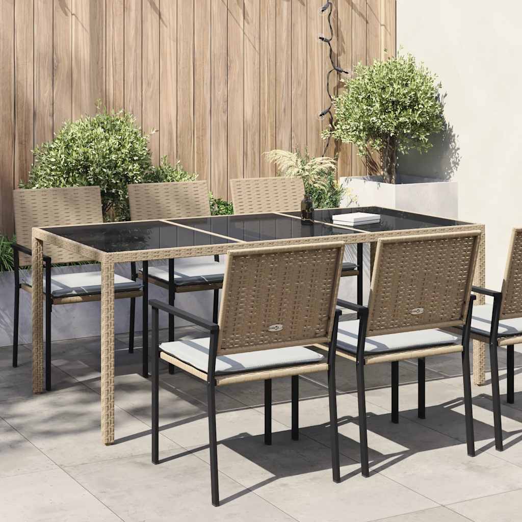 Mesa de jardim 190x90x75 cm vidro temperado e vime PE bege