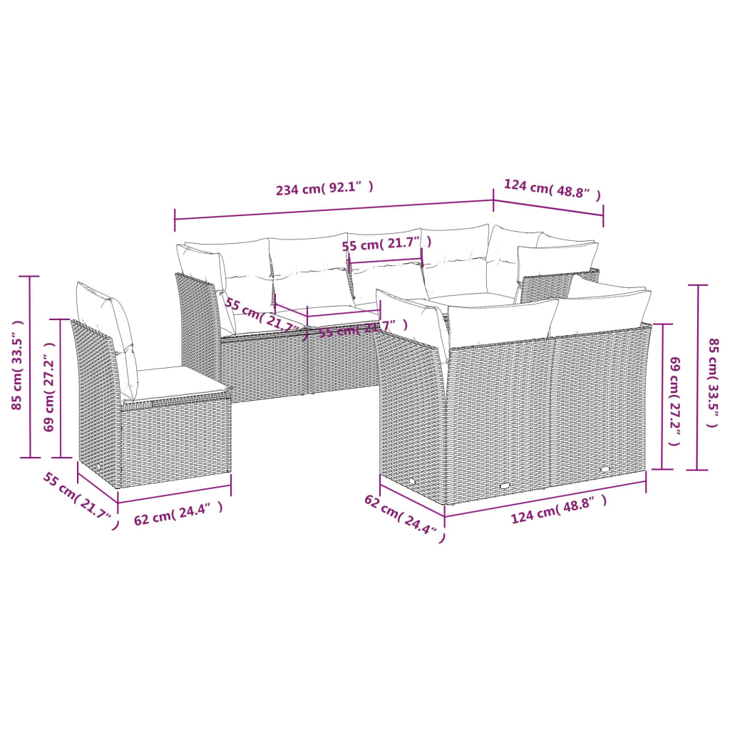 8 Pcs conjunto sofás de jardim c/ almofadões vime PE cinzento