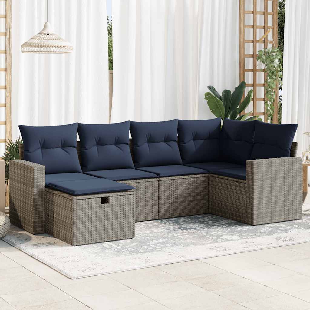 6 Pcs conjunto sofás de jardim com almofadões vime cinzento