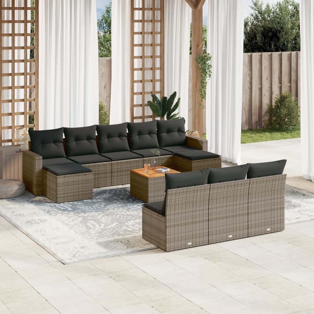 11 Pcs conjunto sofás de jardim c/ almofadões vime PE cinzento