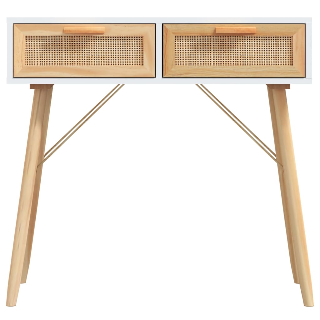 Mesa consola 80x30x75 cm pinho maciço e vime natural branco
