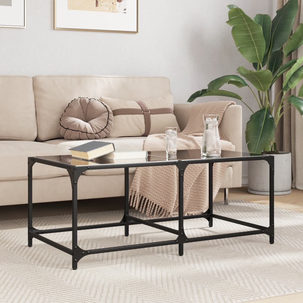 Mesa de centro com topo em vidro preto 98,5x50x40 cm aço