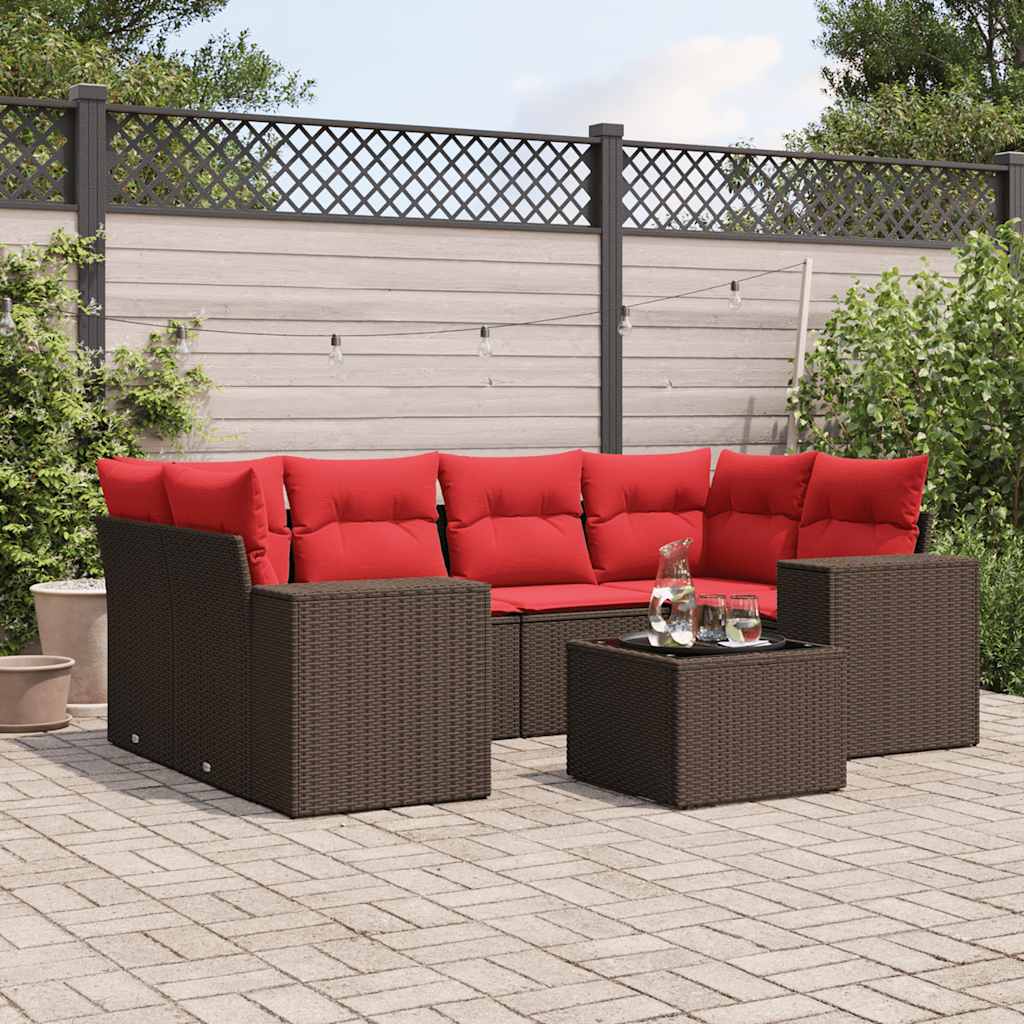Conjunto de sofá de jardim com 7 peças e almofadas em rattan sintético marrom