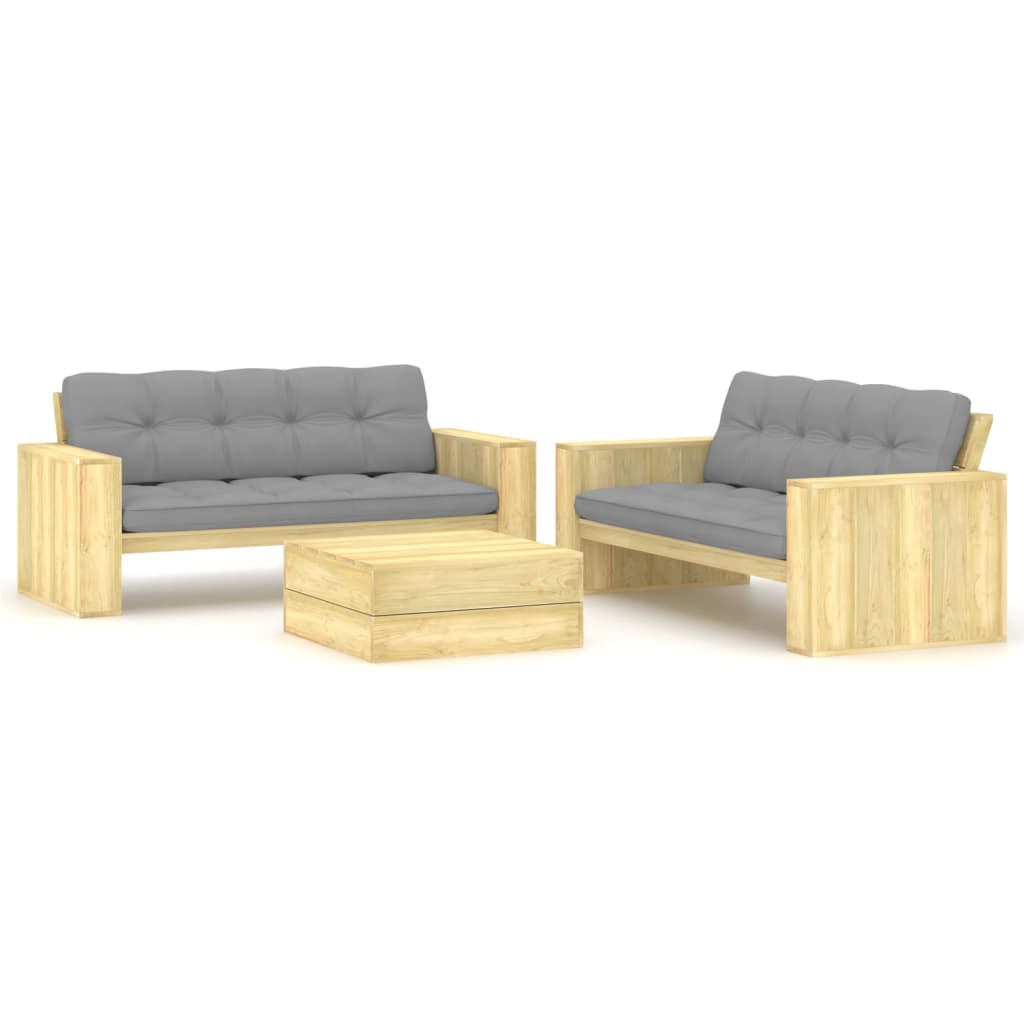 3 Pcs conjunto lounge de jardim com almofadões pinho impregnado