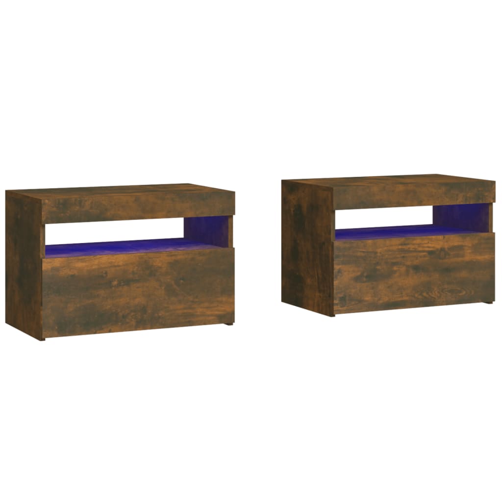 Mesas cabeceira c/ leds 2 pcs 60x35x40 cm carvalho fumado