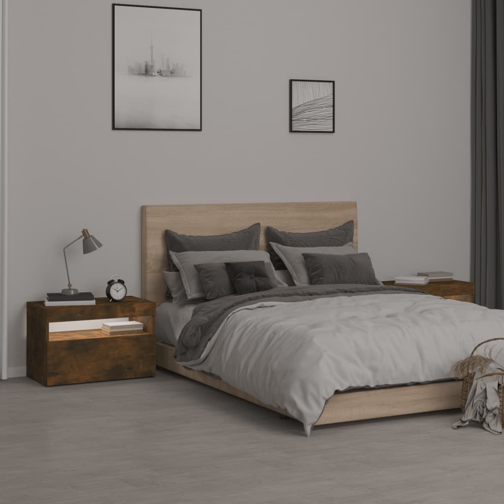 Mesas cabeceira c/ leds 2 pcs 60x35x40 cm carvalho fumado