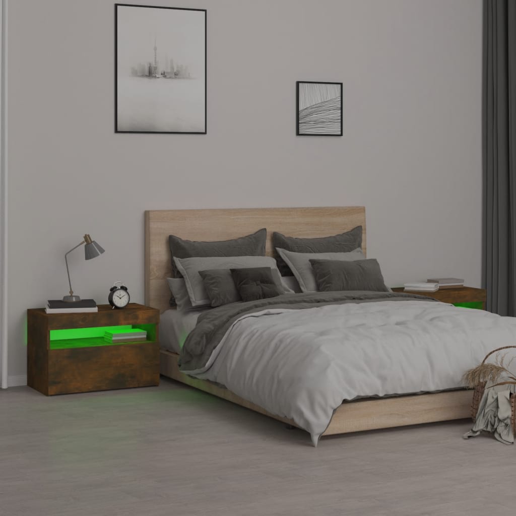 Mesas cabeceira c/ leds 2 pcs 60x35x40 cm carvalho fumado