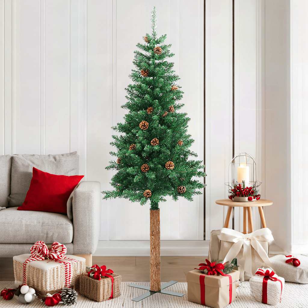 Árvore de natal fina madeira e pinhas genuínas 180 cm PVC verde