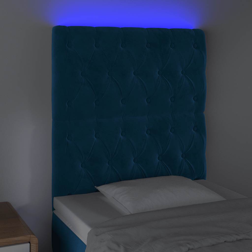 Cabeceira cama c/ luzes LED veludo 80x7x118/128cm azul-escuro