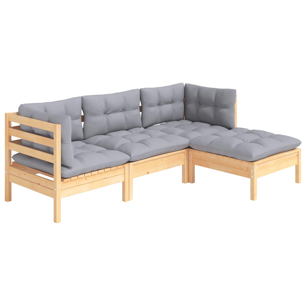 4 Pcs conjunto lounge de jardim c/ almofadões cinzentos pinho