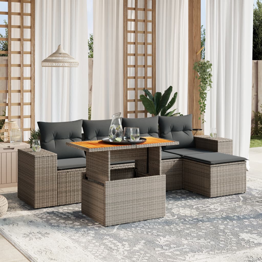 6 Pcs conjunto sofás de jardim com almofadões vime cinzento