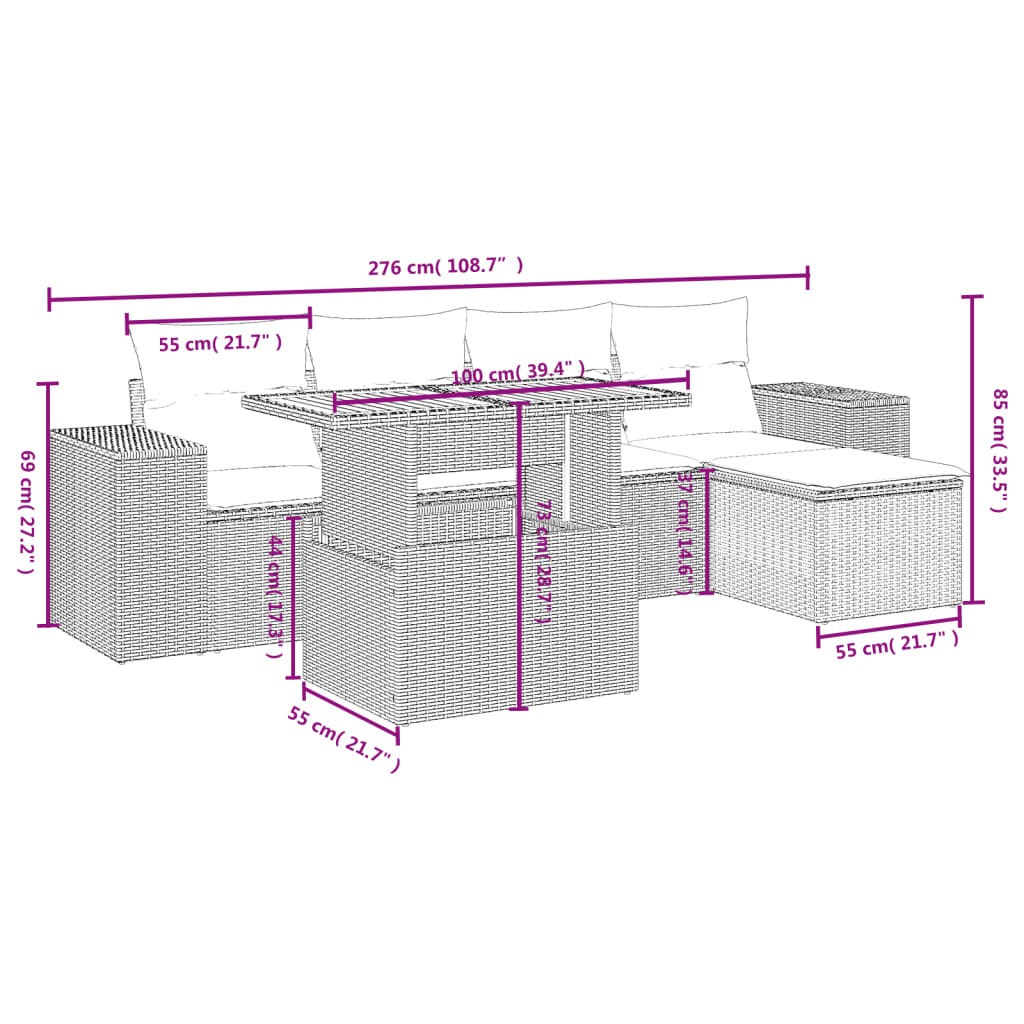 6 Pcs conjunto sofás de jardim com almofadões vime cinzento
