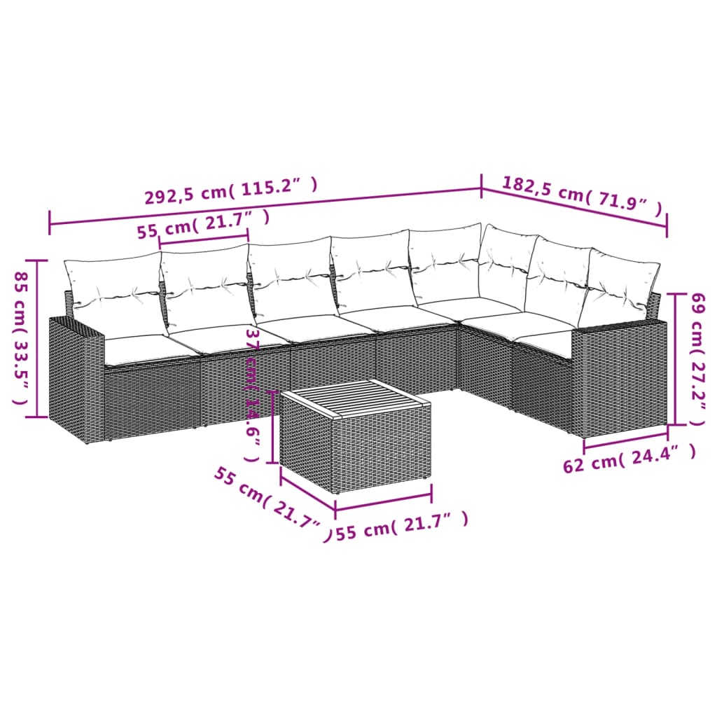 8 Pcs conjunto sofás de jardim com almofadões vime PE preto