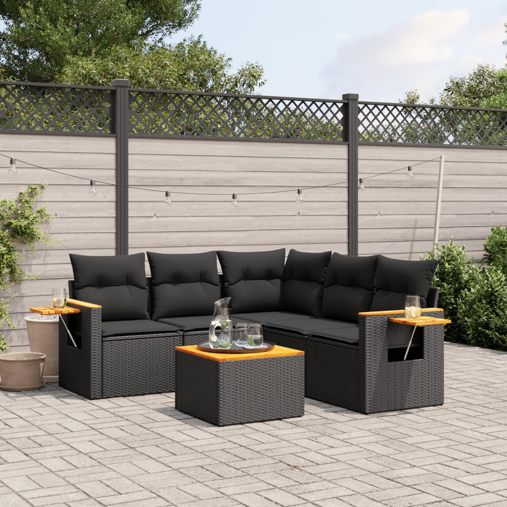 6 Pcs conjunto sofás de jardim c/ almofadões vime PE preto