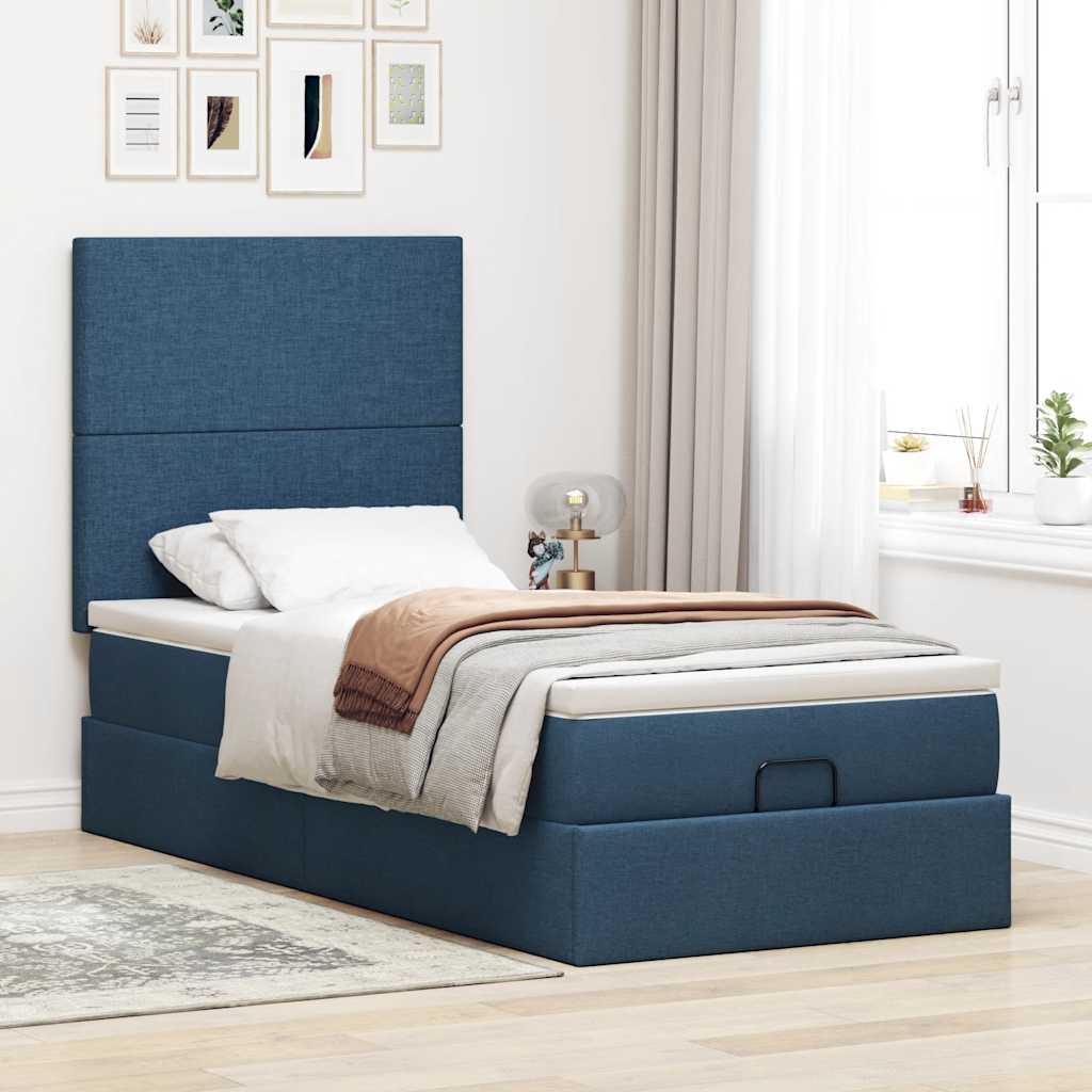 Cama otomana com colchão & leds tecido azul 100x200 cm
