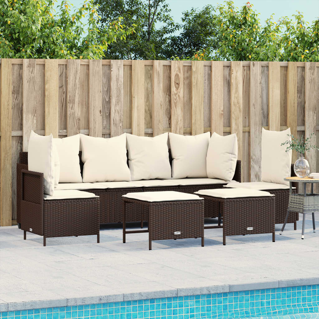 5 Pcs conjunto sofás p/ jardim c/ almofadões vime PE castanho