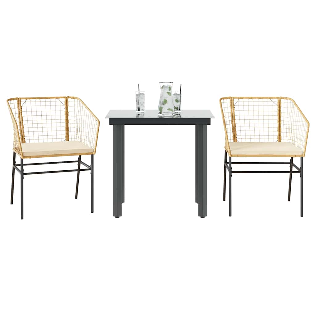 Conjunto jantar jardim 3 peças almofadas vidro vime PE castanho
