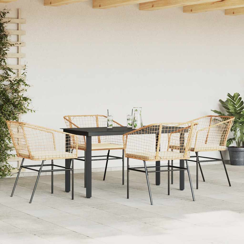 Conjunto jantar jardim 5 peças almofadas vidro vime PE castanho