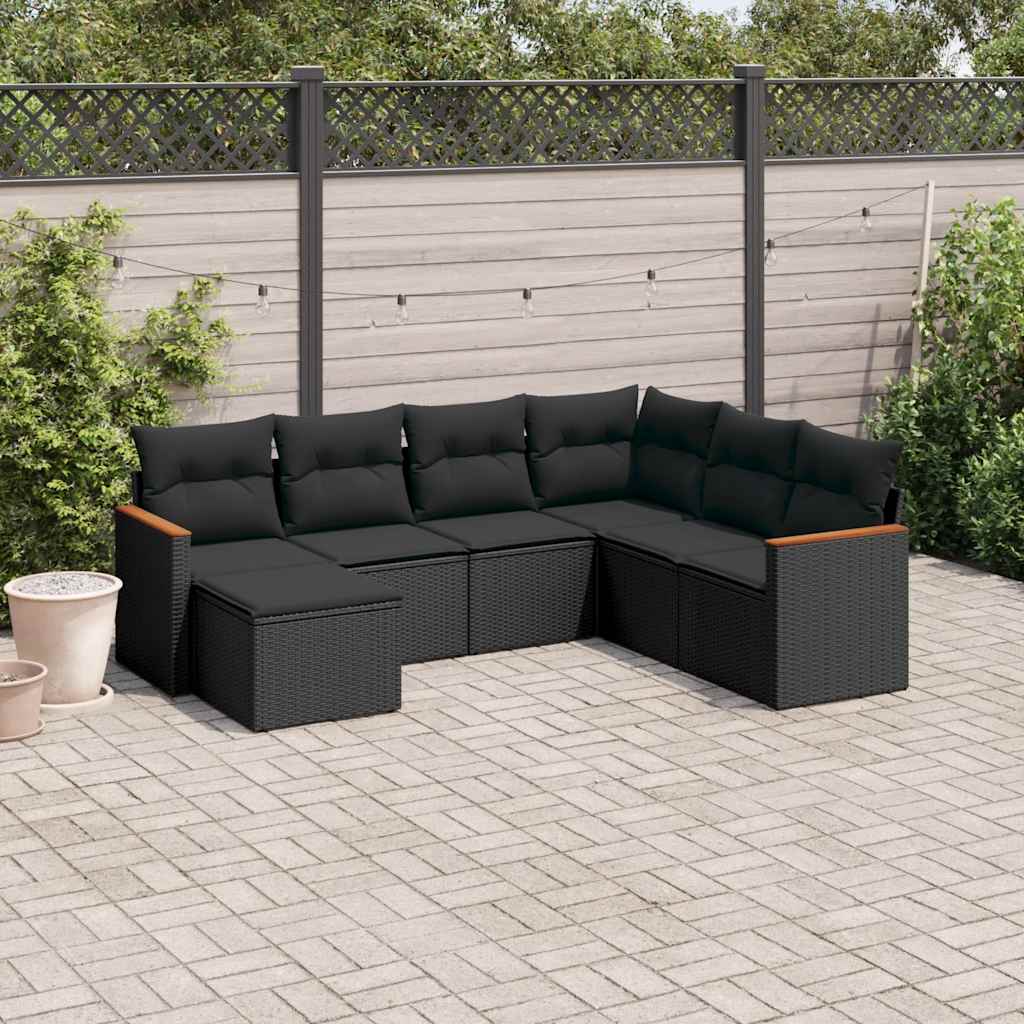 7 Pcs conjunto de sofás p/ jardim c/ almofadões vime PE preto