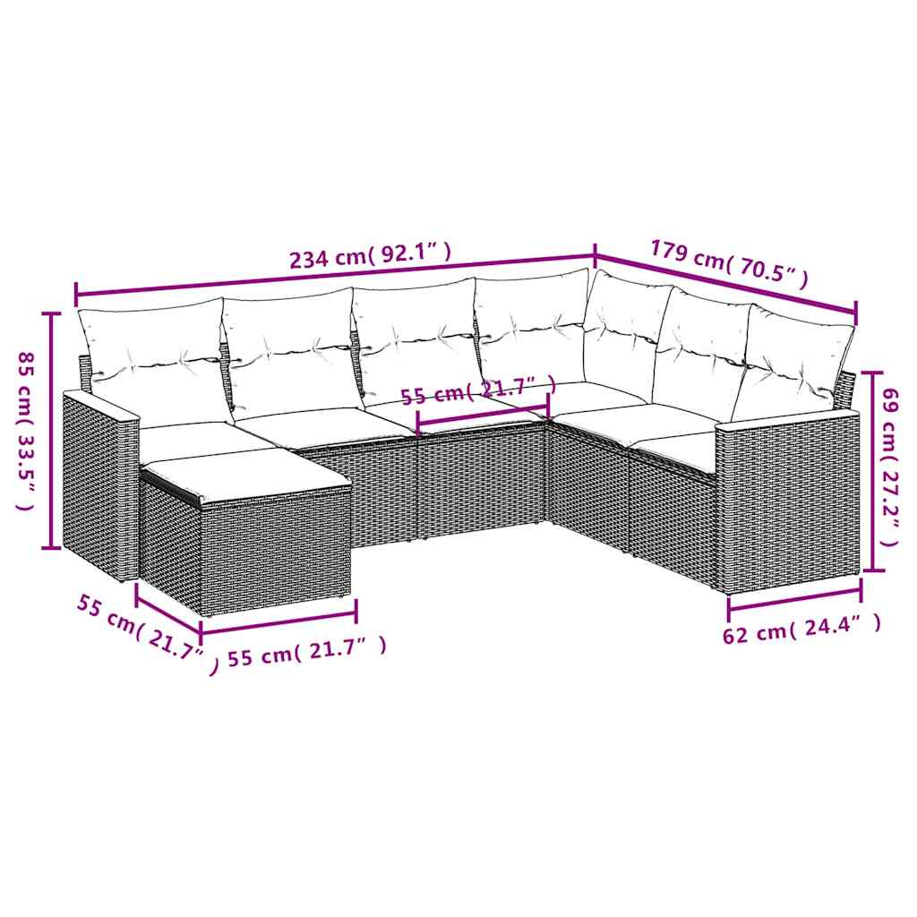 7 Pcs conjunto de sofás p/ jardim c/ almofadões vime PE preto