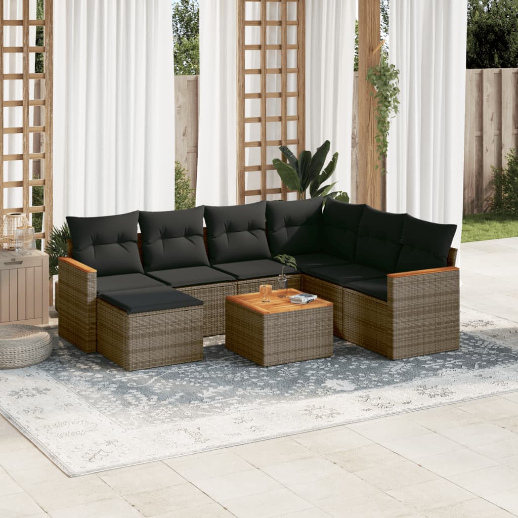 8 Pcs conjunto sofás de jardim c/ almofadões vime PE cinzento