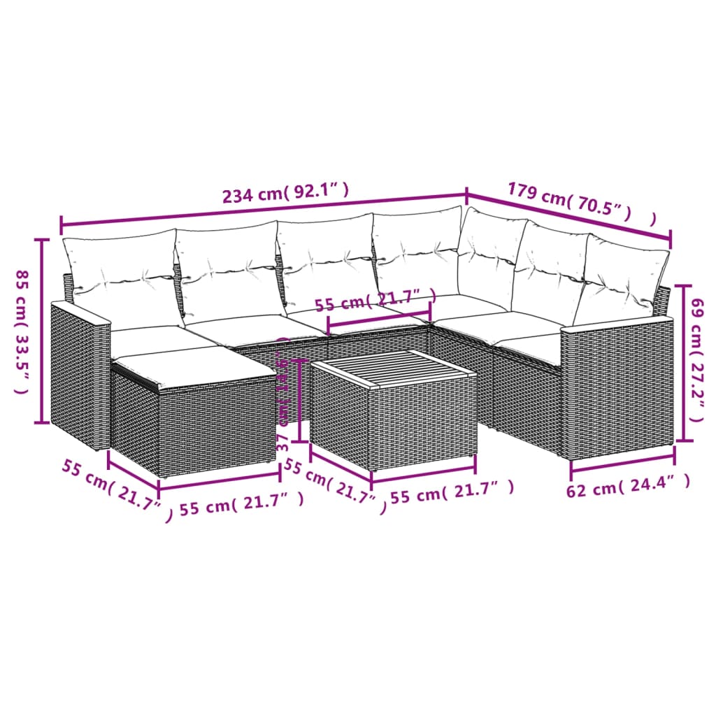 8 Pcs conjunto sofás de jardim c/ almofadões vime PE cinzento