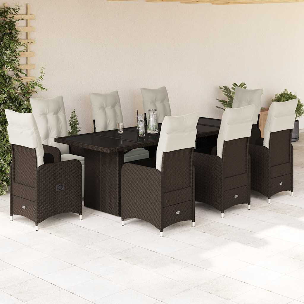 9 Pcs conjunto bistrô de jardim c/ almofadões vime PE castanho