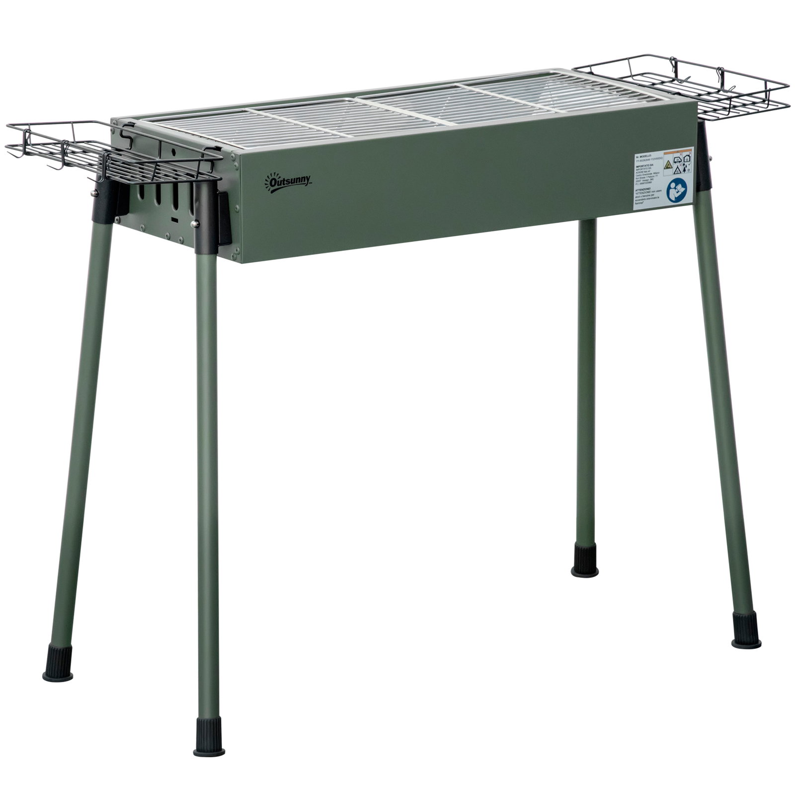 Barbecue a carvão com 2 grelhas de aço inoxidável portátil com 2 prateleiras para temperos com ganchos 77x30x70 cm verde