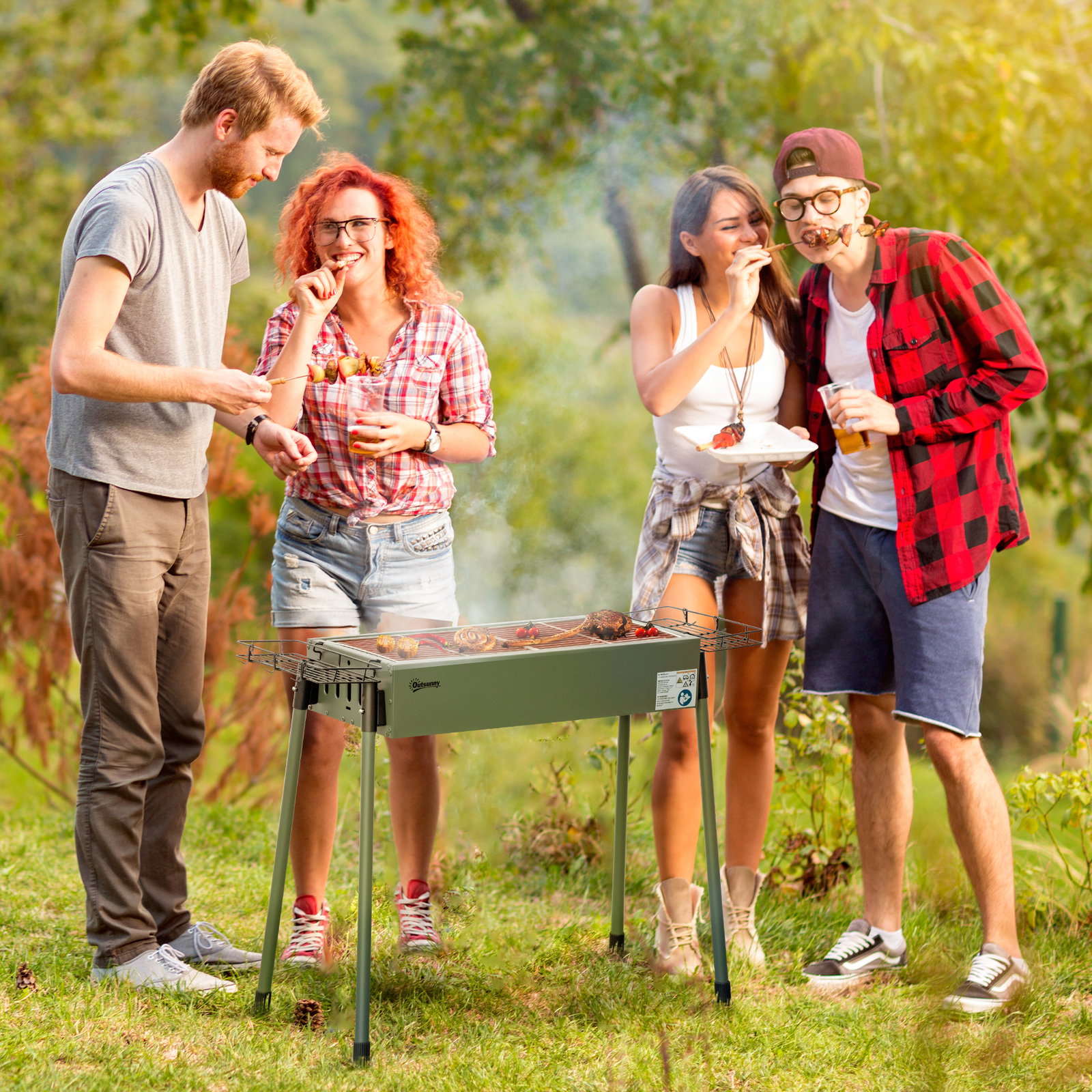 Barbecue a carvão com 2 grelhas de aço inoxidável portátil com 2 prateleiras para temperos com ganchos 77x30x70 cm verde