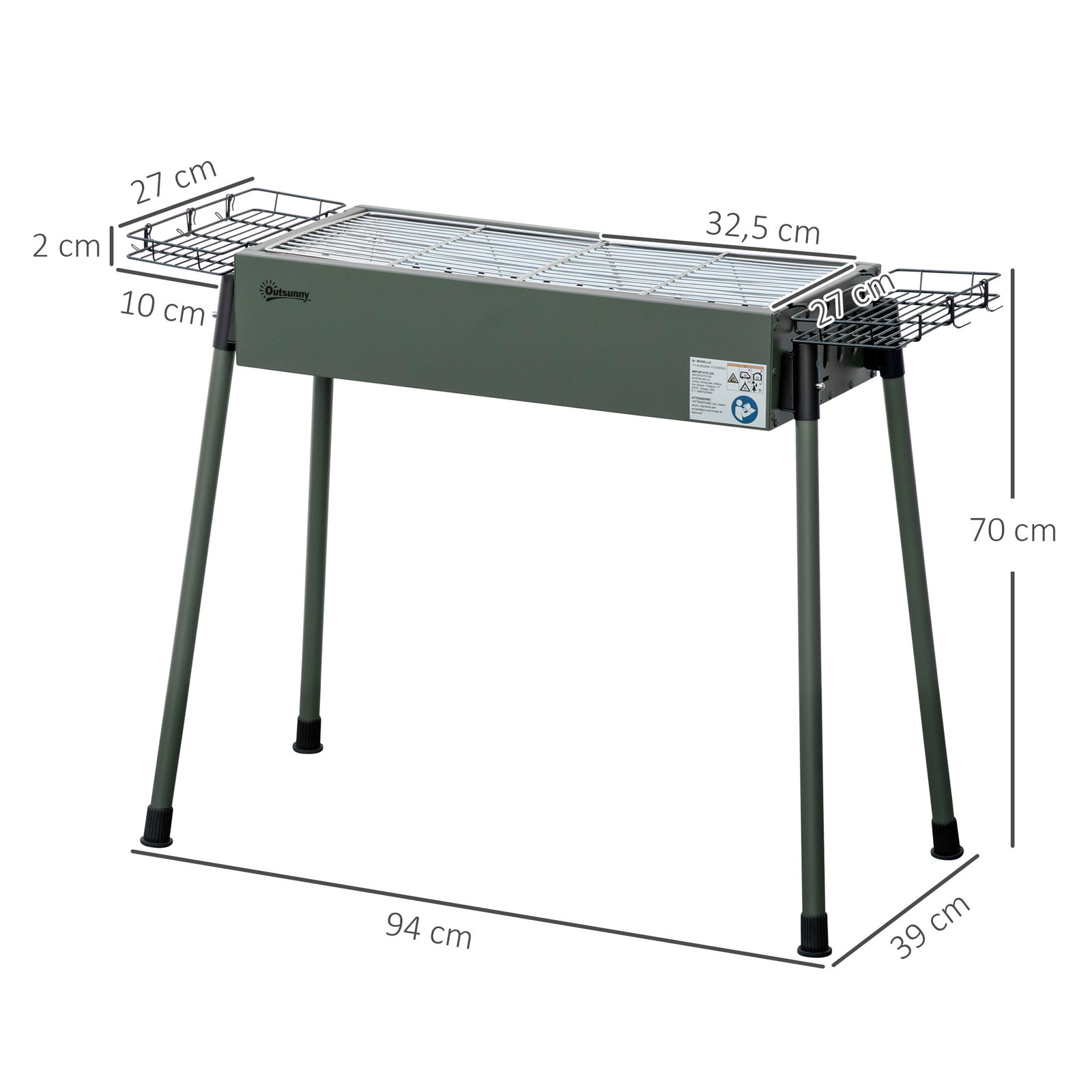Barbecue a carvão com 2 grelhas de aço inoxidável portátil com 2 prateleiras para temperos com ganchos 77x30x70 cm verde