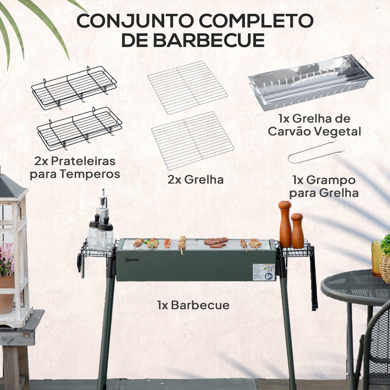 Barbecue a carvão com 2 grelhas de aço inoxidável portátil com 2 prateleiras para temperos com ganchos 77x30x70 cm verde