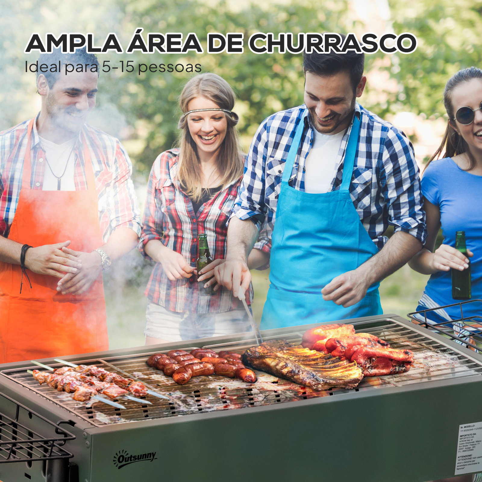 Barbecue a carvão com 2 grelhas de aço inoxidável portátil com 2 prateleiras para temperos com ganchos 77x30x70 cm verde