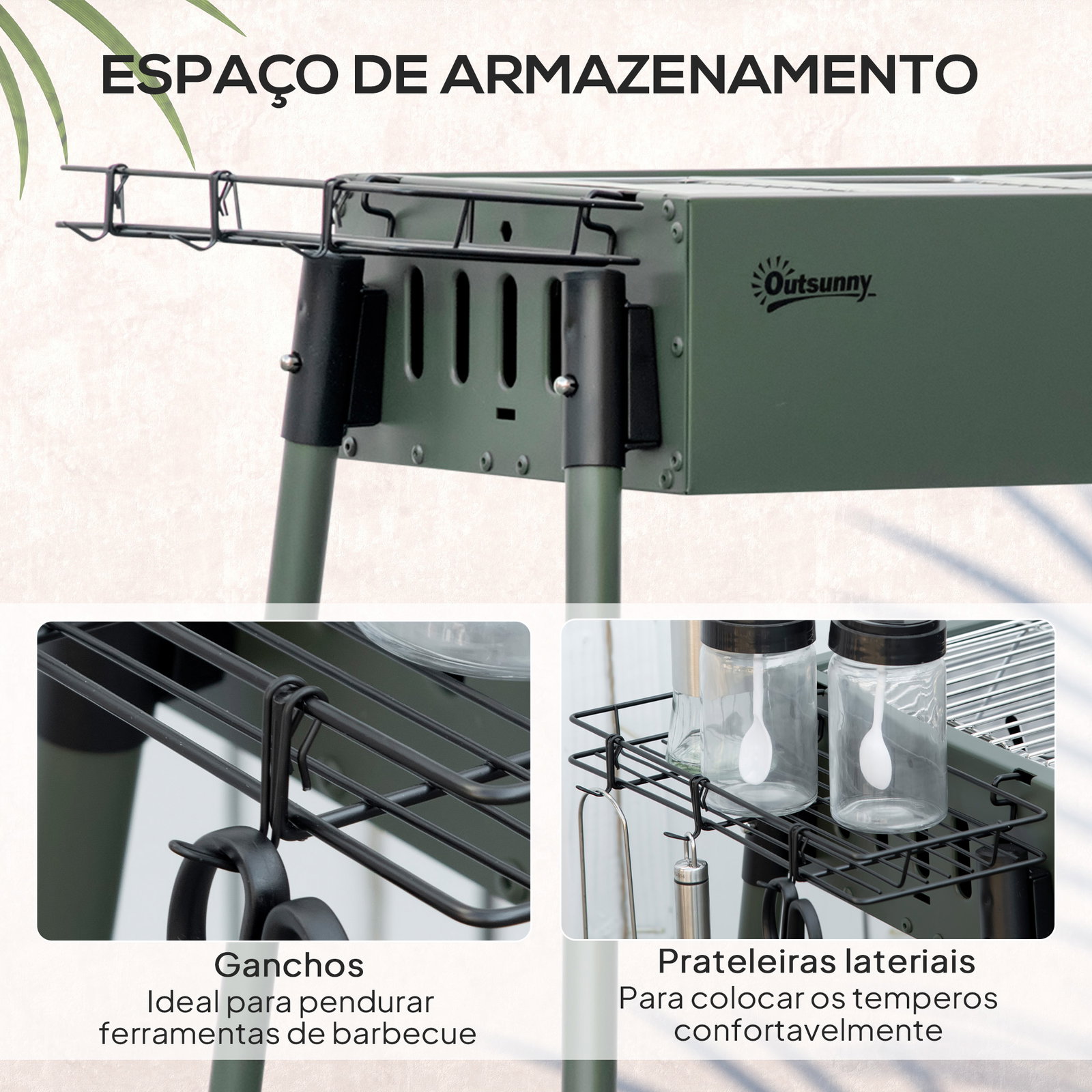 Barbecue a carvão com 2 grelhas de aço inoxidável portátil com 2 prateleiras para temperos com ganchos 77x30x70 cm verde