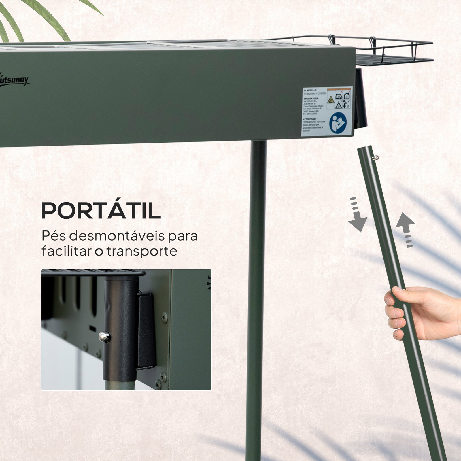 Barbecue a carvão com 2 grelhas de aço inoxidável portátil com 2 prateleiras para temperos com ganchos 77x30x70 cm verde